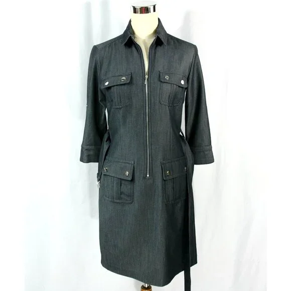 Sharagano Petite Zip Front Belted Pockets Chambray Shirtwaist Dress 4P 70s Style - Picture 10 of 11